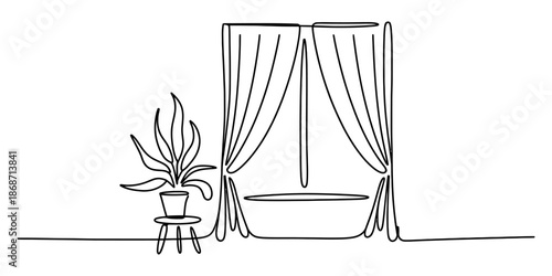Minimalist continuous line art drawing of a bathtub with curtains and potted plant Vector, illustration