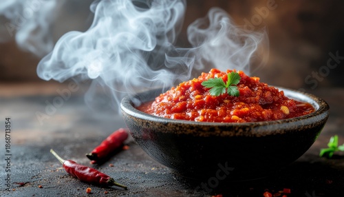 Steaming bowl of spicy chili con carne with fresh herbs