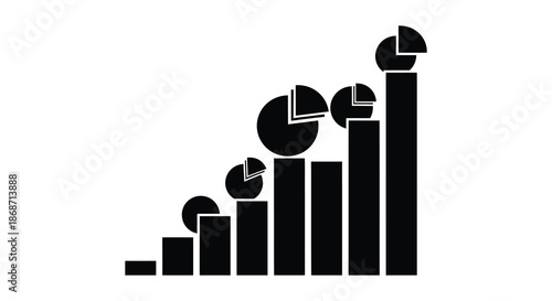 A series of ascending bar graphs and partial pie charts forming a growing trend silhouette