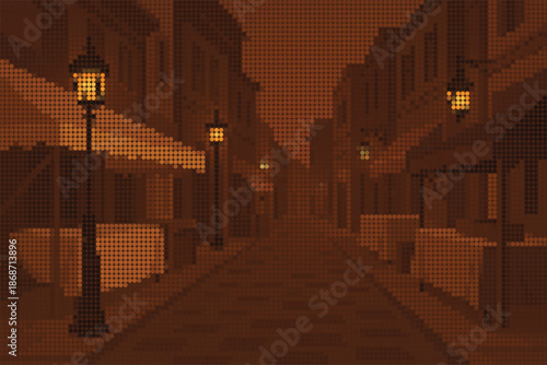Lantern Lit Streets with Buildings and Market Stalls Halftone Illustration