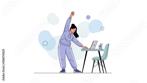 Woman stretching by desk with laptop, healthy remote work, home office fitness