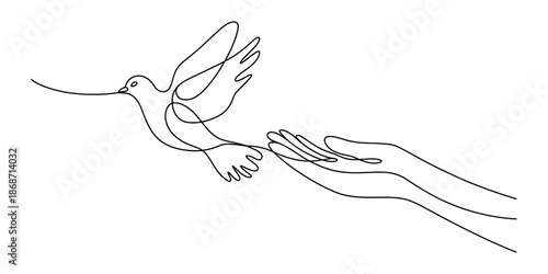 A minimalist line art illustration of a dove taking flight from or landing in open hands Vector, illustration