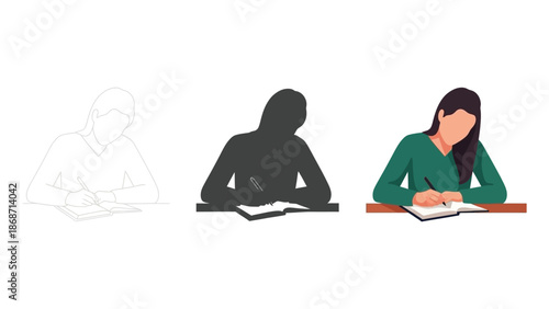 Set of three illustration styles depicting a young woman or student diligently writing notes in an open book showing outline silhouette and flat color versions
