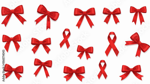Red ribbon bows collection featuring various tied satin bows in different sizes on white backdrop. Elegant red ribbon bows provide festive decorative elements,