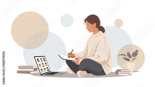 Woman studying online, taking notes during video conference, e-learning concept
