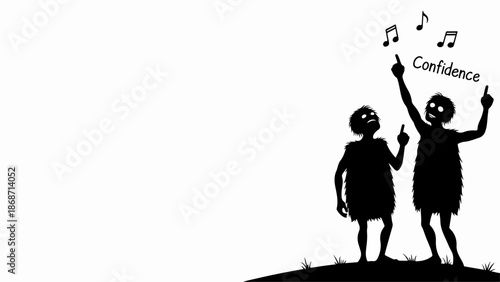 Silhouette figures point to musical notes with 'Confidence' text, illustrating confidence building. They represent personal growth, actively seeking confidence building.
