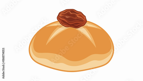 Golden baked bun with raisin, simple, appetizing food illustration. Freshly prepared round pastry with sweet dried fruit topping makes perfect breakfast, snack bun with raisin.