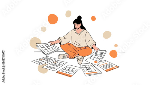 Woman surrounded by documents, planning, organizing, or reviewing papers, flat illustration