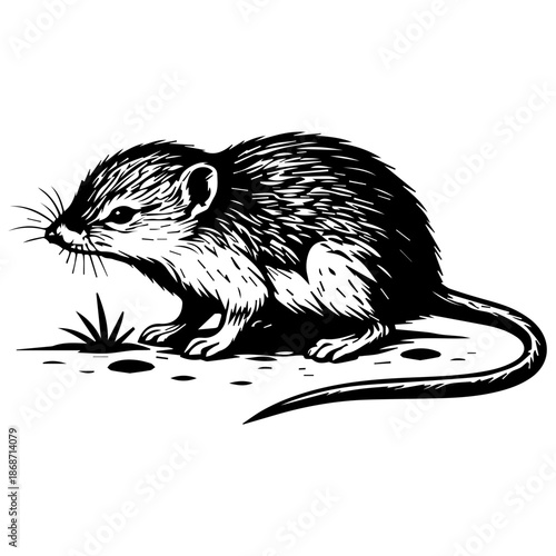 Black and white vintage-style vector illustration of a shrew in side view, with fine engraved fur texture, whiskers and a long tail, isolated on a white background.