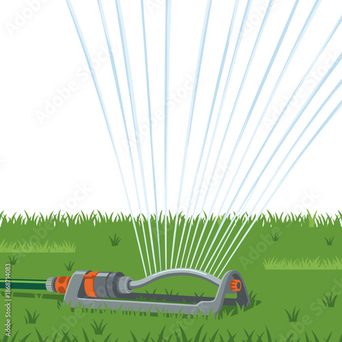 Close-up of Oscillating Sprinkler Spraying Water on Green Lawn