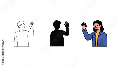 Collection of three distinct stylized icons depicting individuals waving hello or goodbye presented in outline silhouette and full color graphic styles