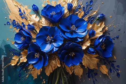 Flower paint blue gold frame
