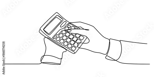 Continuous line drawing of a person's hand using a calculator for financial calculation Vector, illustration
