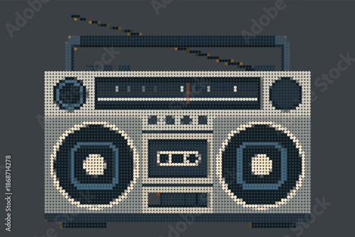 Retro Halftone Cassette Player Illustration with Geometric Speaker Shapes and Bold Decor