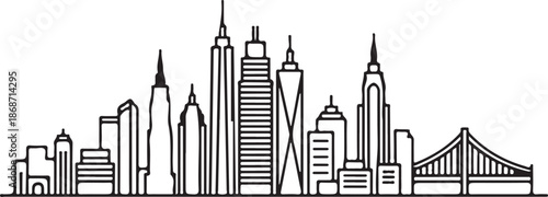 Minimalist line art illustration of an iconic city skyline featuring modern skyscrapers and a bridge