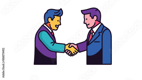 Vibrant cartoon illustration depicting two businessmen shaking hands firmly against a white background symbolizing agreement partnership and mutual respect in a professional setting