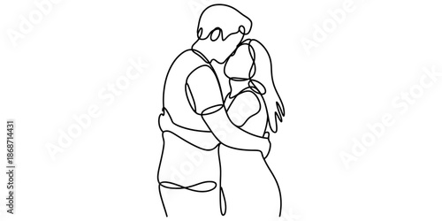 Continuous line drawing of a loving couple hugging, representing romance and connection Vector, illustration