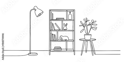 A continuous line art drawing illustrating a cozy living room interior with furniture and decorations Vector, illustration
