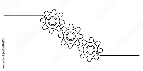 Continuous line drawing of three interconnected gears representing teamwork and technological process Vector, illustration