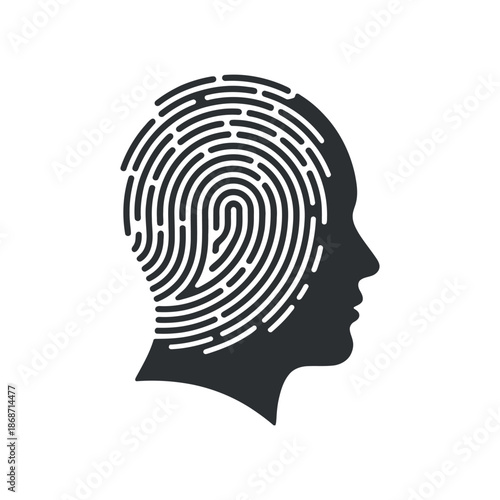 A striking black and white silhouette depicts a human head filled with a detailed fingerprint pattern symbolizing identity and individuality