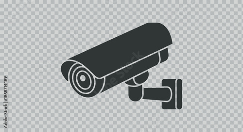 A simple illustration depicts a black security camera on a transparent background representing surveillance and monitoring technology in a modern context