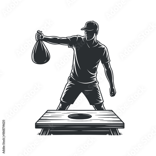 A vintage style illustration depicts a man in casual attire poised to throw a bean bag towards a cornhole board