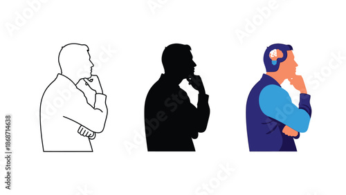 Collection of man in profile thinking poses showing contemplation problem solving and creative idea generation through various illustrative styles