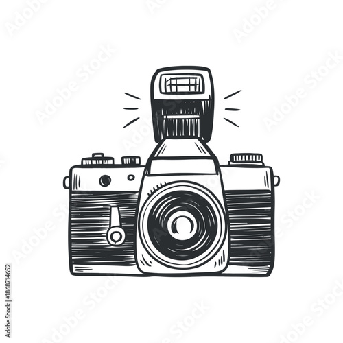 a detailed black and white sketch showcases a vintage single lens reflex camera with a mounted flash unit emphasizing photography s artistry