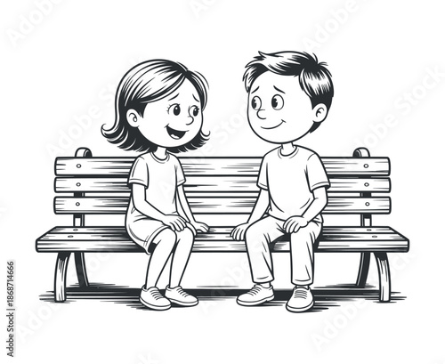 a black and white illustration depicts a young boy and girl seated closely on a wooden park bench seemingly engaged in conversation