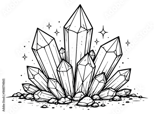 Hand drawn line art illustration of a crystal cluster depicting sparkling natural minerals for magic and mysticism designs