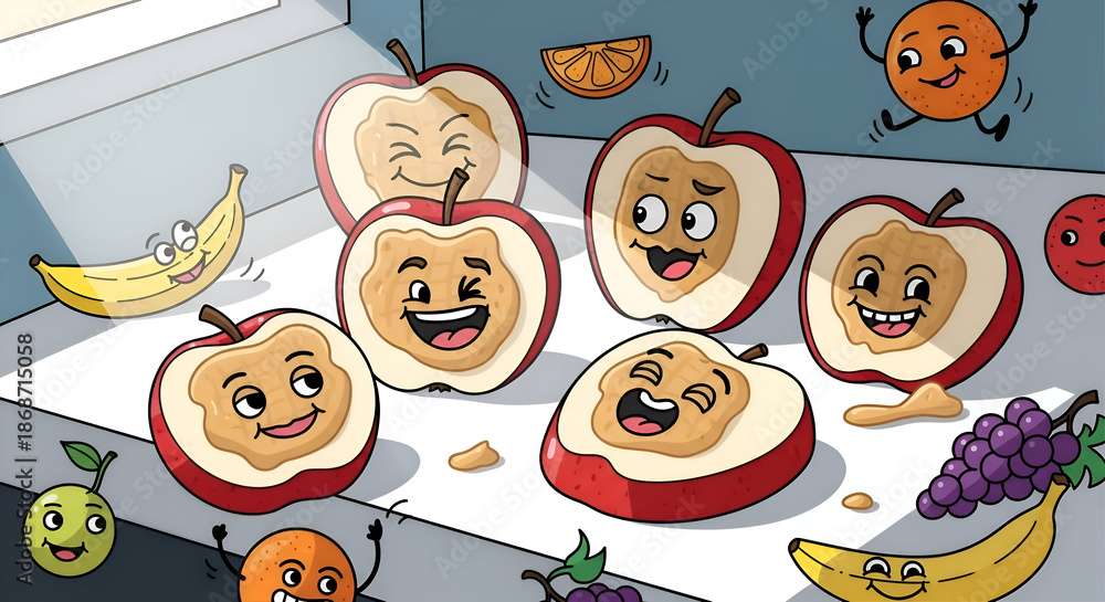 Fototapeta premium Animated Fruit Characters Playfully Interacting, Celebrating Delicious and Healthy Eating