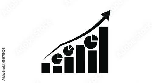 Rising bar graph and pie charts illustrating growth and success black silhouette