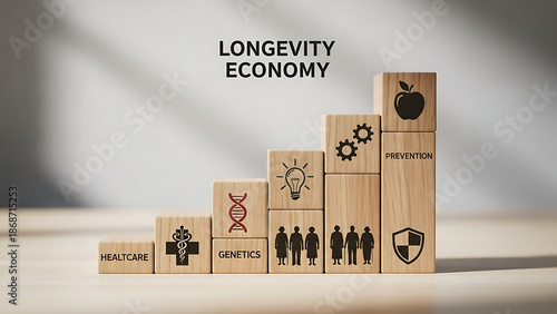 A stack of wooden blocks representing the longevity economy concept