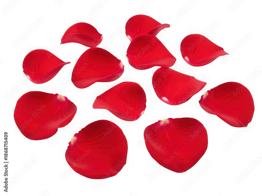 Fototapeta premium Collection of red rose petals scattered, isolated on transparent background