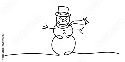 A simple continuous line art drawing of a cheerful snowman wearing a scarf and top hat Vector, illustration