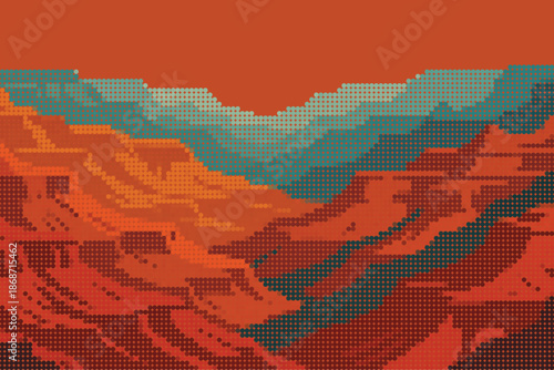 Retro Panoramic Canyon Illustration with Layered Mountain Ridges and Color Blocks