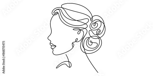 Continuous line art drawing depicting an elegant woman's profile with a beautiful updo hairstyle Vector, illustration