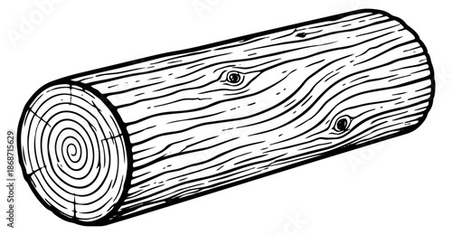 Hand drawn line art illustration of a log depicting wood texture and tree rings for nature concepts