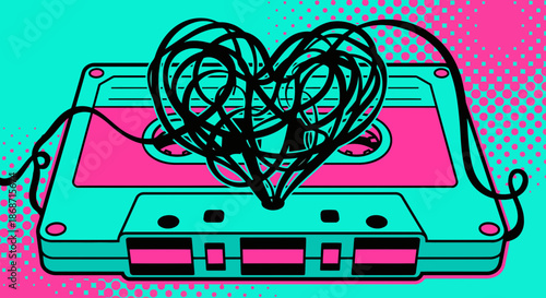 Retro cassette tape with hear shape unspooled magnetic tape.