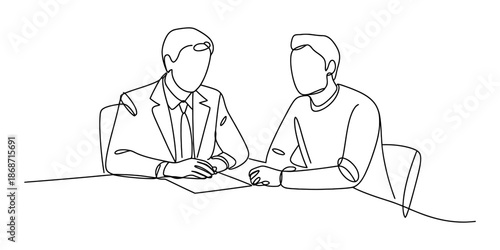 Continuous line drawing of two businessmen having a meeting or interview Vector, illustration