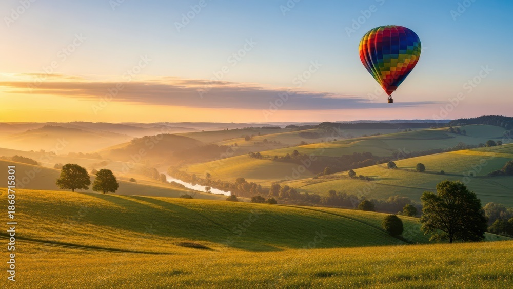 Naklejka premium Colorful Hot Air Balloon Flying Over Green Countryside