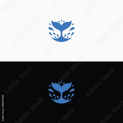 Blue whale tail logo on white and black backgrounds
