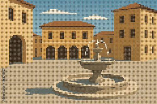 Traditional Stone Fountain in a Paved Town Square Scene Halftone Illustration