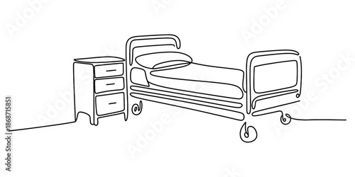 Minimalist continuous line art drawing of a hospital room bed and nightstand Vector, illustration