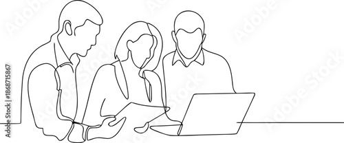 Teamwork Collaboration Meeting Business Professionals Line Art Vector
