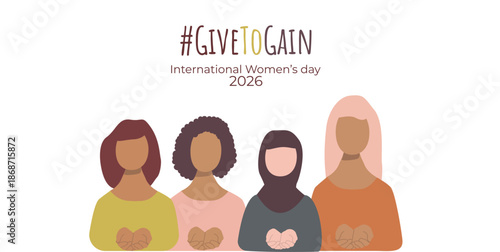 Give to gain banner. 8 march 2026 poster for web design. Woman, text on white background. Vector illustration