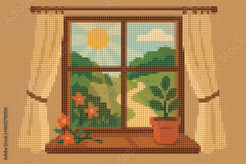 Sunlight Through a Window with Garden View Halftone Interior Illustration