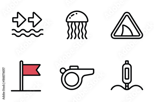 Marine Safety and Ocean Life Linear Vector Icon Collection