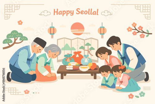 Seollal family greeting illustration. Korean lunar new year Seollal celebration with family bowing and traditional food