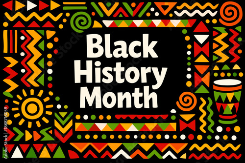 Black history month decorative poster illustration. Black History Month celebration with african patterns and symbols